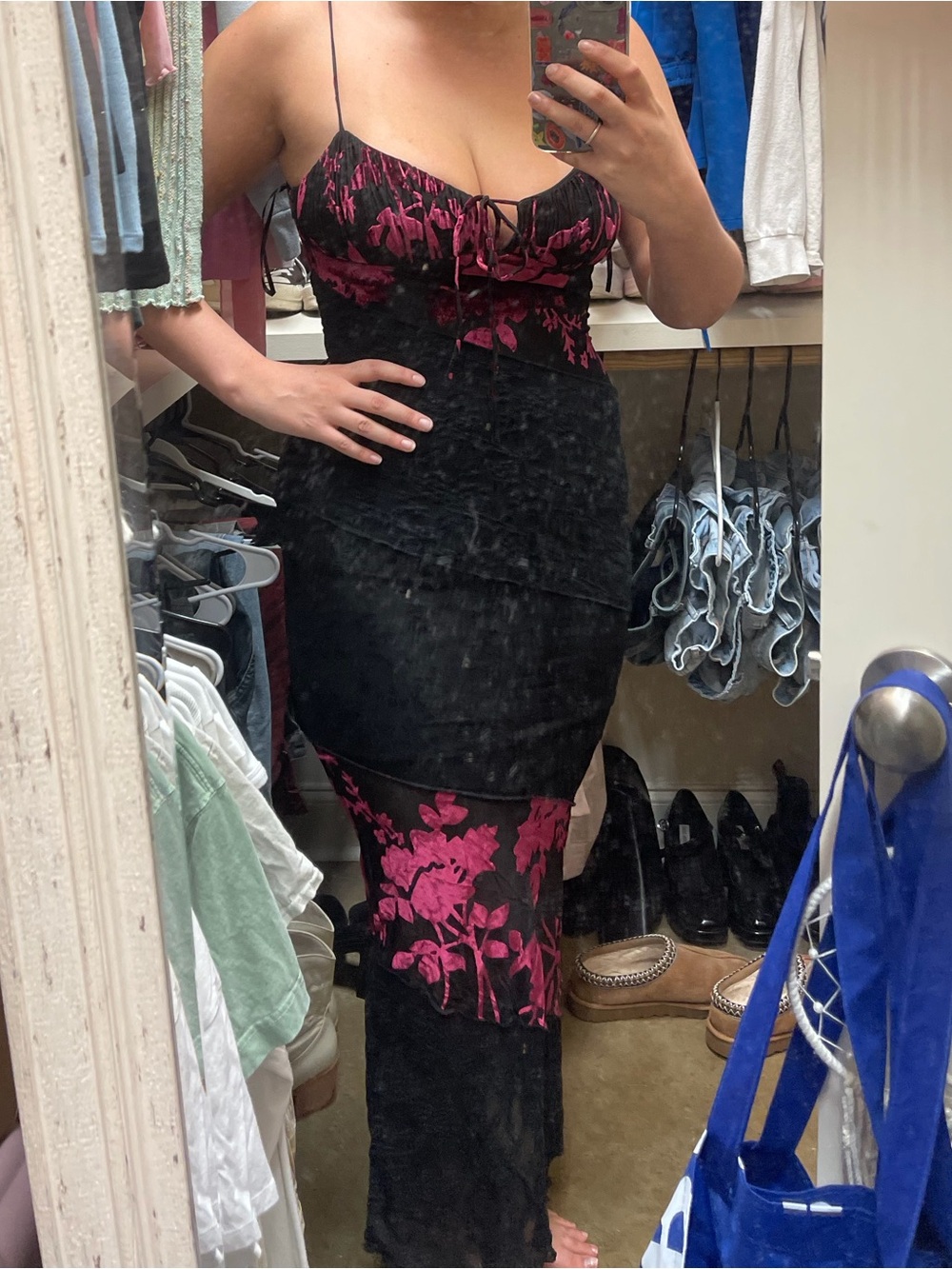 Women's Black Dress with Pink Floral Accents - Elegant Spaghetti Strap Maxi